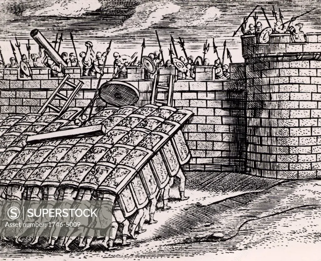 Roman soldier forming a 'tortoise' with their shields, thus enabling them to approach the walls of a besieged city.   From Poliorceticon sive de machinis tormentis telis by Justus Lipsius (Joost Lips) (Antwerp, 1605). Engraving.