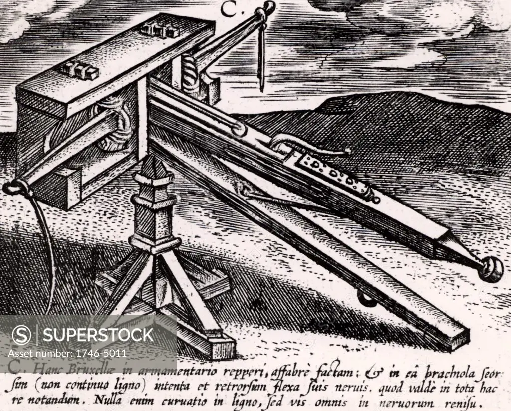 Mechanical crossbow on stand (euthytonon) attributed to Philo of Byzantium (active 150-100 BC).  When arms CC wound back against skeins or sinews, the ends of ropes, here shown hanging down from ends of arms, were connected to hook, so holding arms back. Tension was increased by a ratchet, a large arrow was placed on front of arm and fired by releasing the  rope.  From Poliorceticon sive de machinis tormentis telis by Justus Lipsius (Joost Lips) (Antwerp, 1605). Engraving.