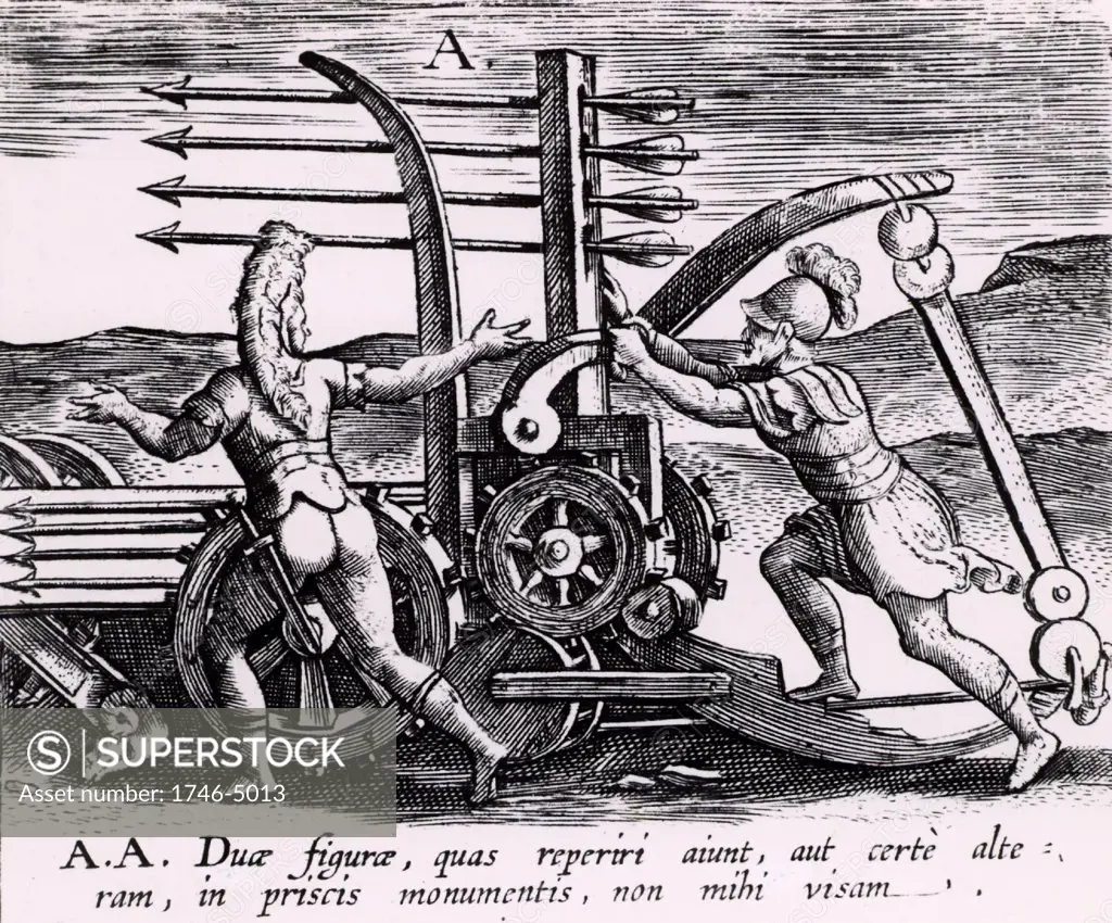 Reconstruction of a Roman war engine for firing a salvo of arrows, sometimes referred to as a Scorpion. From Poliorceticon sive de machinis tormentis telis by Justus Lipsius (Joost Lips) (Antwerp, 1605). Engraving.