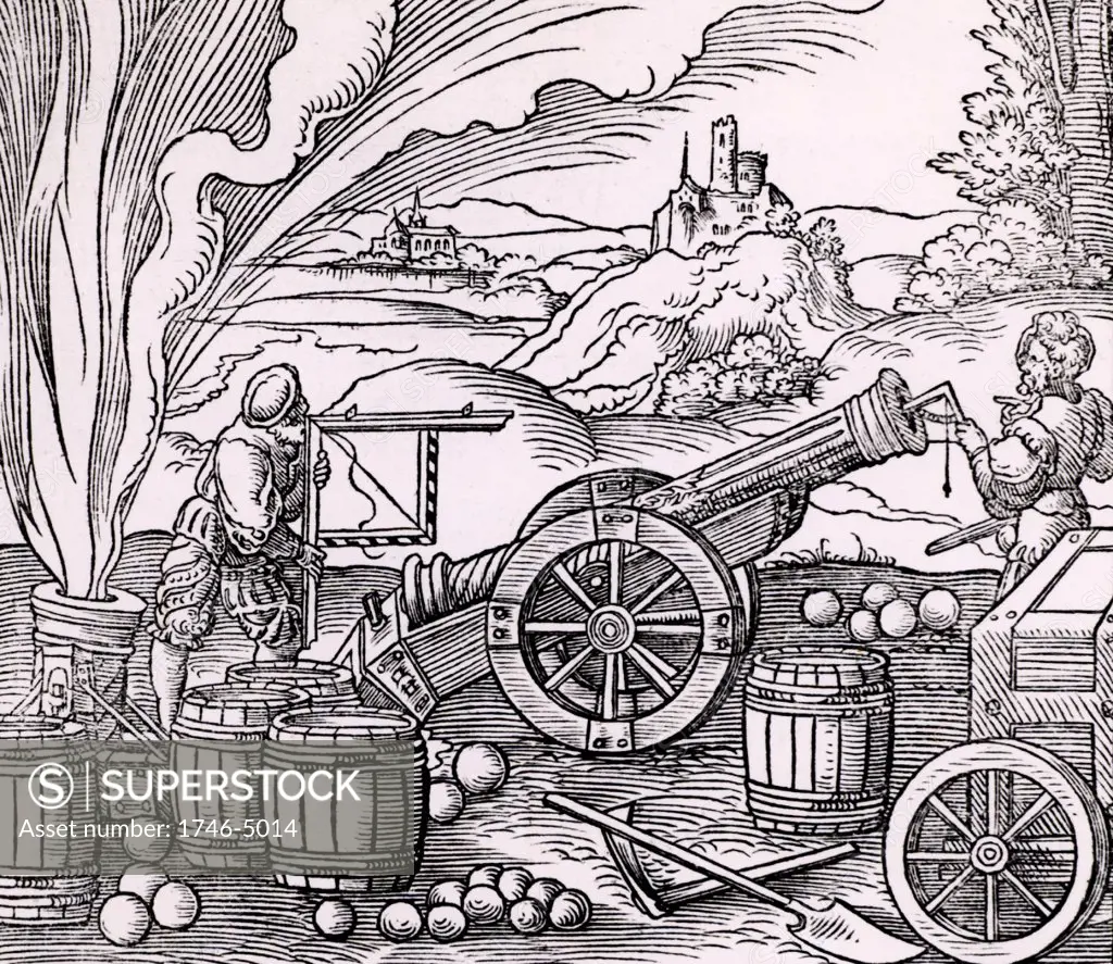 Gunners calculating the elevation of a piece of artillery using a clinometer and a quadrant marked with shadow scales.  Around them are barrels of gunpowder, cannon balls of various sizes.  On the left a mortar is being discharged.    From Architechtur .. Mathematischen .. Kunst  by Gaultherius Rivius (Nuremberg, 1547). Woodcut.