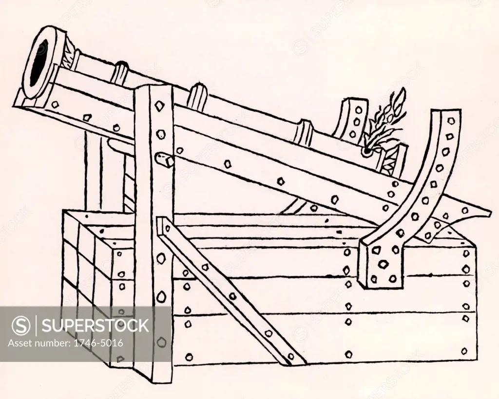Cannon formed of iron staves hooped together and mounted on a primitive gun carriage. The elevation of the gun could be moving the rod on the front pillar into a different slot.    From De re militari by Roberto Valturio (Verona, 1472).  Woodcut.