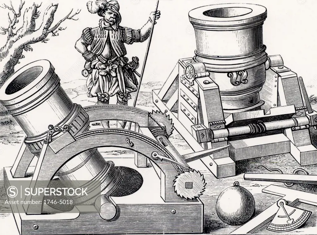 Bombards on portable gun carriages.  In the front right corner is a clinometer for measuring the elevation of the guns. Engraving from Kriegsbuch by Leonhardt Fronsperger (Frankfort, 1575).