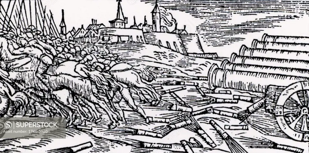 Fire tubes being fired at enemy cavalry from cannon. From De la pirotechnia by Vannoccio Biringuccio (Venice, 1540).  Woodcut.