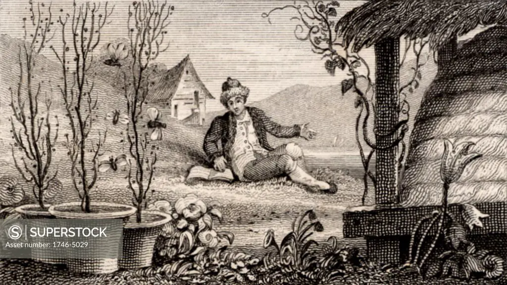 Francis Huber (1750-c1831) the blind Swiss naturalist, studied the habits of bees with the aid of his servant. Here the servant is acting as his employer's eyes and watching the bees. Engraving from Scenes of Industry (London, 1830).