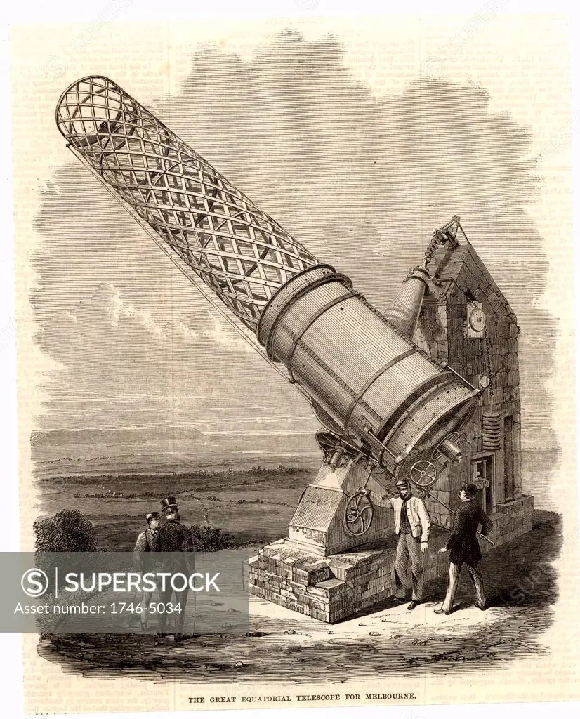 The Great Melbourne Telescope on a temporary mounting in Ireland before being shipped out to Australia.  Built by Grubbs of Dublin this instrument, a Cassegrain reflector, had a 48 inch (122 cm) speculum metal mirror and was fully steerable.  Part of the tube was built in lattice form to reduce weight. From The Illustrated London News (London, 14 November 1868).