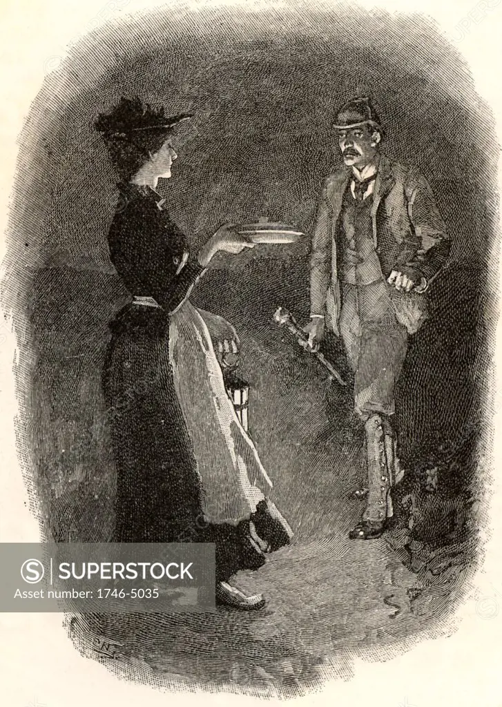 The Adventure of Silver Blaze'.  The maid meeting Fitzroy Simpson, the prime murder suspect, on her way to Silver Blaze's stable with the stable lad's supper.  From The Adventures of Sherlock Holmes by Arthur Conan Doyle from The Strand Magazine (London, 1892). Illustration by Sidney E Paget, the first artist to draw Sherlock Holmes.  Engraving.