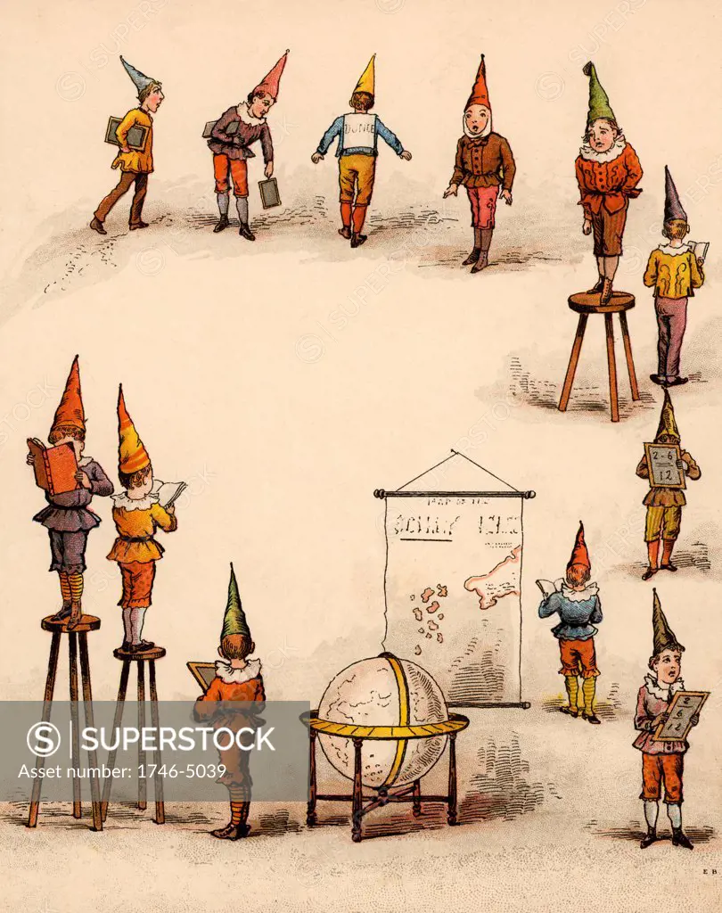 Twice Six are Twelve,/Leave dunces to themselves,/Naughty chaps, to paint their caps./Twice six are '.  From The Merry Multiplication Table by Irving Montague (London c1870). Chromolithograph.