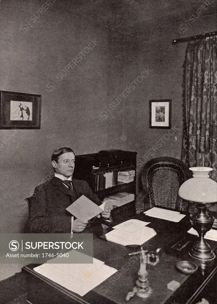 WW Jacobs. Wiliam Wymark Jacobs (1863-1943) English short story writer, born at Wapping, London, best remembered for his short stories which ranged from the humorous to the macabre such as The Monkey's Paw.  Jacobs in his study at Buckhurst Hill, Essex, England.