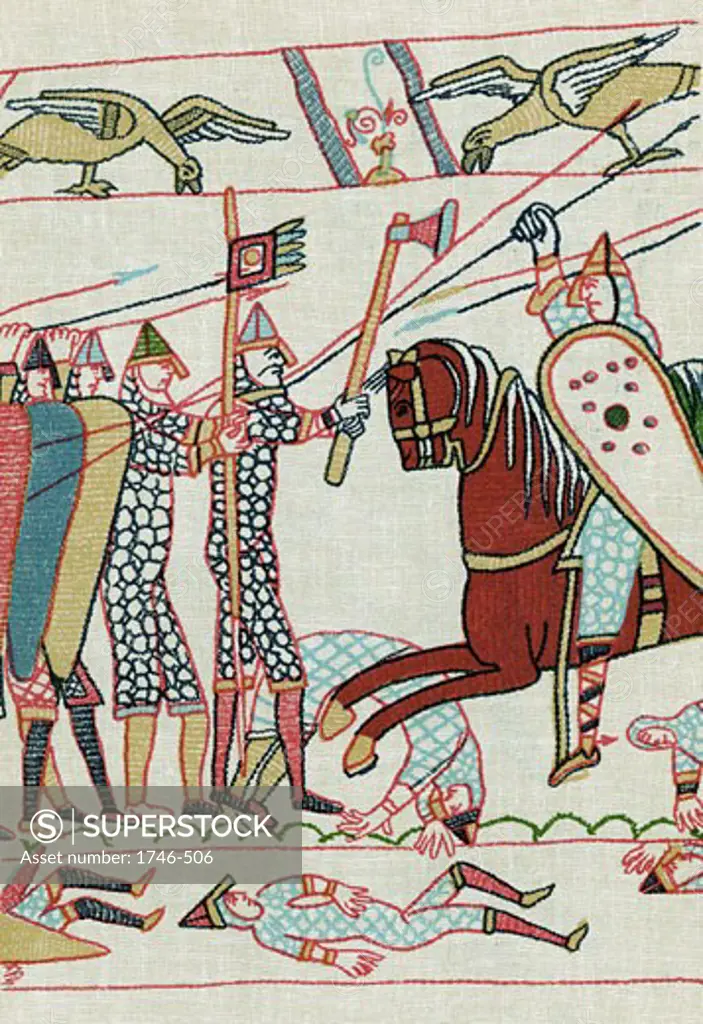 Harold II's (c1022-66) Anglo-Saxon troops (left) led by armoured standard bearer and warrior with axe, confront Norman cavalryman armed with lance:1066. Detail from Bayeux Tapestry. Lithograph