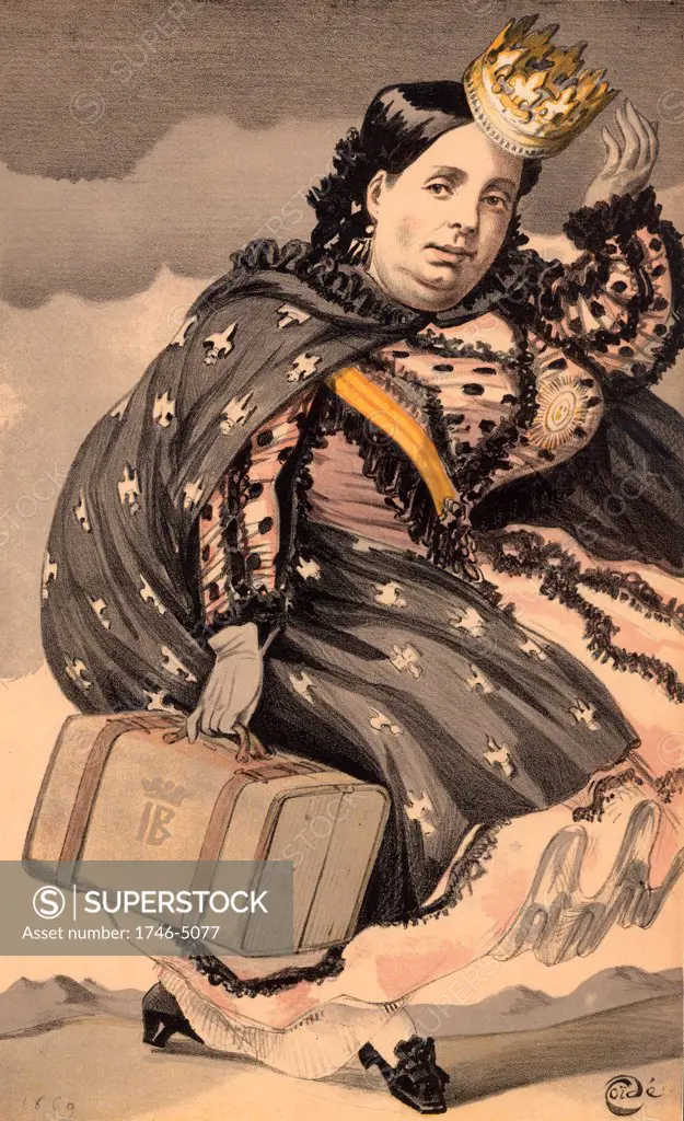 Isabella II (1830-1904) Queen of Spain (1833-1870).  Isabella, clutching her suitcase and trying to catch her falling crown, being blown out of Spain. The caption reads 'She has throughout her life been betrayed by those who should have been most faithful to her.' Cartoon by 'Coide' (JJ Tissot - 1836-1902) for Vanity Fair (London, 18 September 1869).  Chromolithograph.