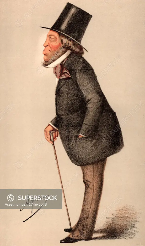 Meyer Amschel de Rothschild (1818-1874) English sportsman and art collector, fourth son of Nathan Meyer Rothschild. Liberal Member of Parliament for Hythe, Kent (1859-1874). Cartoon by 'Ape' (Carlo Pellegrini - 1838-1889)  from Vanity Fair, London, 27 May 1871.  Chromolithograph.