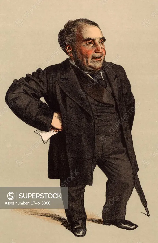 John Pender (1815-1896), English textile merchant, Liberal politician and pioneer of submarine telegraphy.  Director of the first Atlantic Telegraph Company (1856).  Cartoon from Vanity Fair (London, 28 October 1871). Chromolithograph.