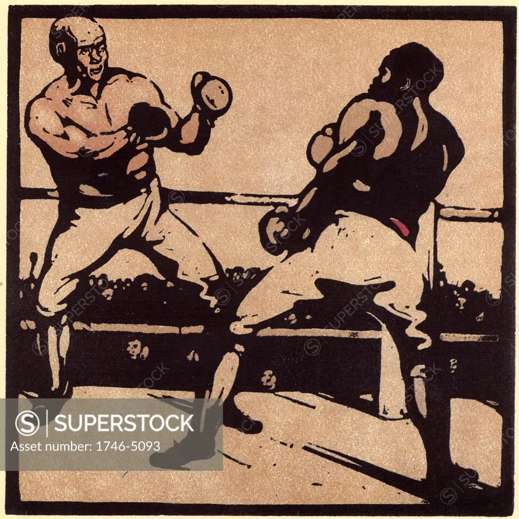 November - Boxing.   Two gloved boxers confronting each other in the ring. Coloured woodblock from An Almanac of Twelve Sports, designs by William Nicholson with words by Rudyard Kipling (London, 1898).