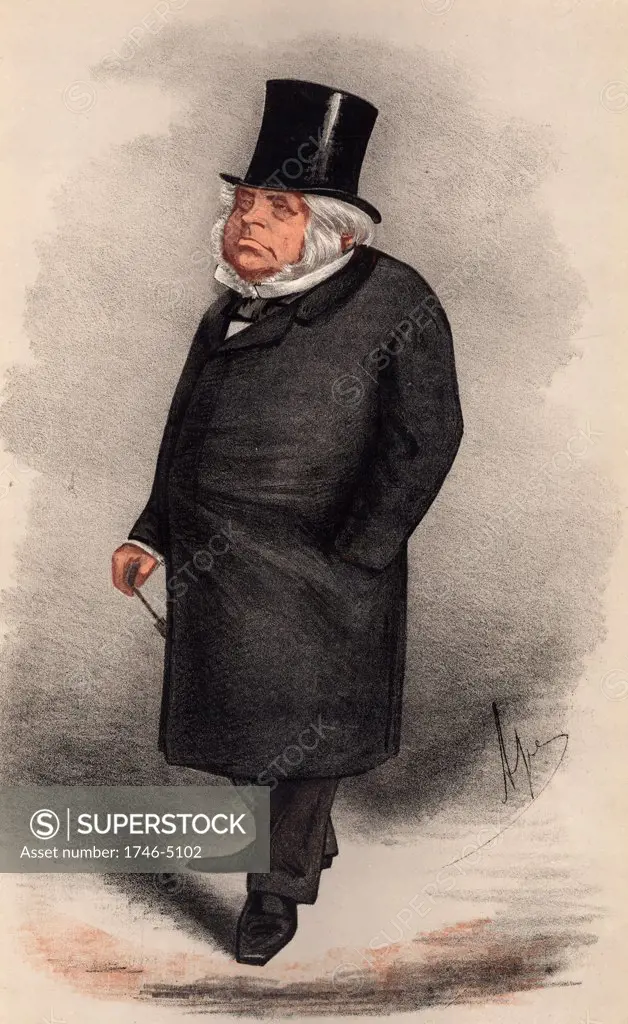 John Bright (1811-1889) British radical orator and statesman, born in Rochdale, Lancashire of Quaker parents.  First elected as a Member of Parliament in 1843.  Supported the Anti-Corn Law League, and the Reform Act of 1867. Cartoon by 'Ape' (Carlo Pellegrini - 1838-1889) from Vanity Fair (London, 13 February 1869).  Chromolithograph.