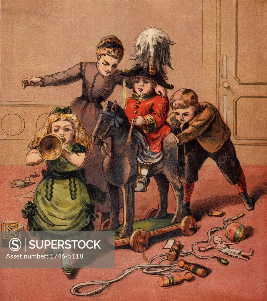 Children playing with toys - Soldier's uniform, horse on wheels, ball, ninepins, skipping rope, rattle, bugle.  Chromolithograph from Childhood's Happy Hours (London, c1870).