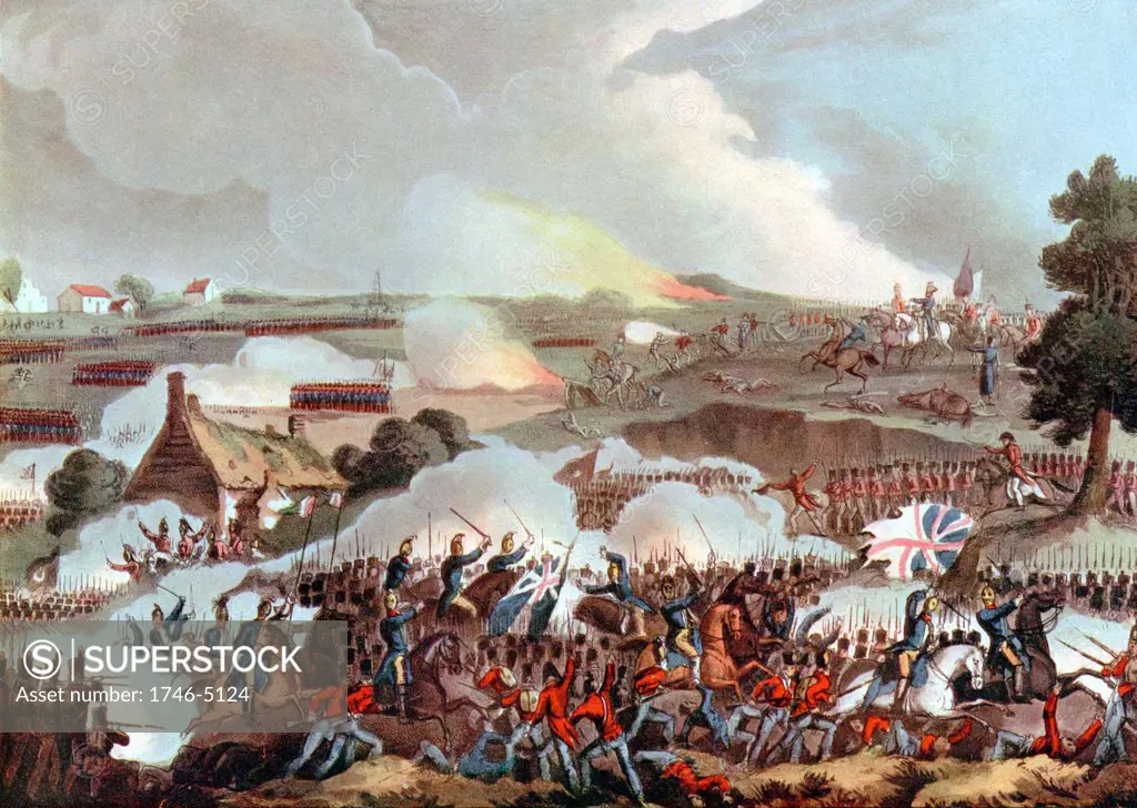 Centre of the British army in action at Waterloo 18 June 1815, the last battle of the Napoleonic Wars. After W Heath.