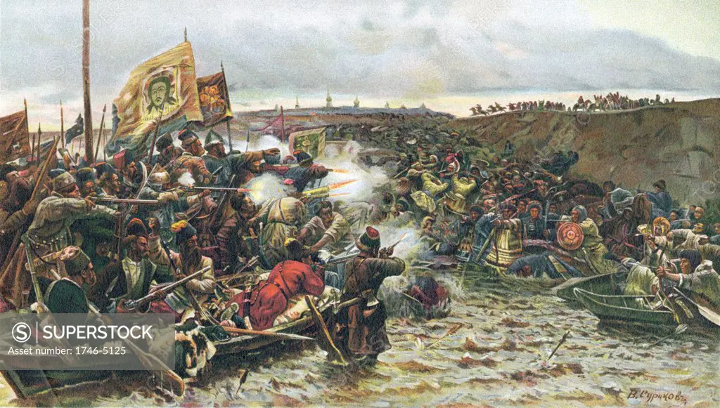Beginning of conquest of Siberia. Cossacks under Jermak Timofejew attacking army of Khan Kutschuma on the River Irtysch 1580. Oleograph c1900.