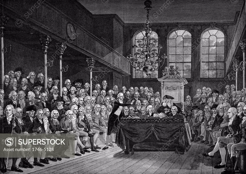 William Pitt the Younger (1759-1806) addressing the House of Commons, 1793. Engraving after painting by Karl A Hickel.