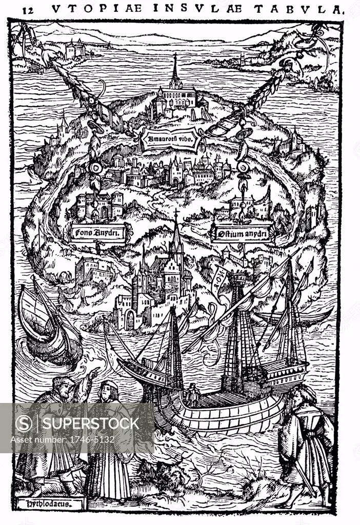 Plan of the island of Utopia. From Thomas Moore's work depicting an ideal state where reason ruled, Utopia 1518 (Ist edition 1516) Woodcut.