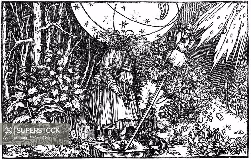 Old woman (witch or fairy) spinning. Woodcut attributed to Holbein from Boethius De consolatione philosophiae 1547.