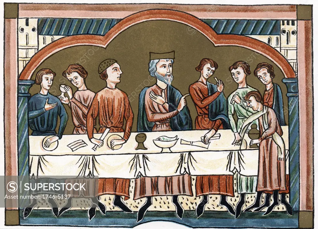A Plantagenet king of England dining (Henry II Reigned 1154-89) Chromolithograph from medieval manuscript .