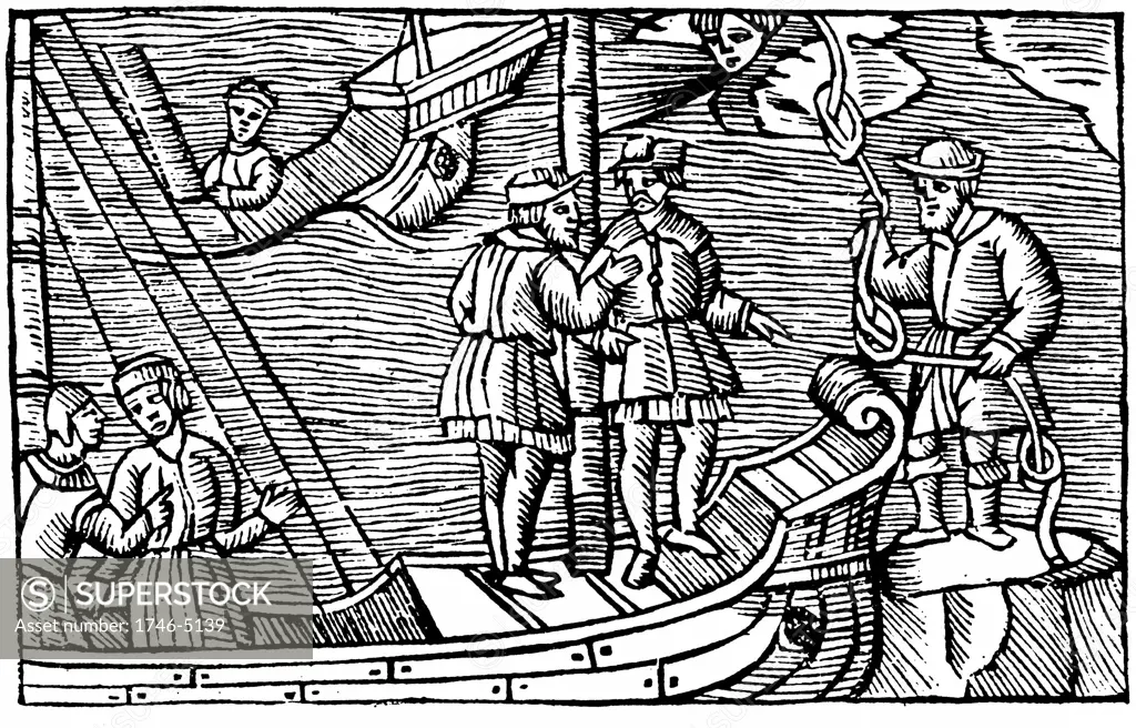 Sailors buying winds (tied in knots) from a magician. From Olaus Magnus Historia de gentibus septentrionalibus Antwerp 1562.