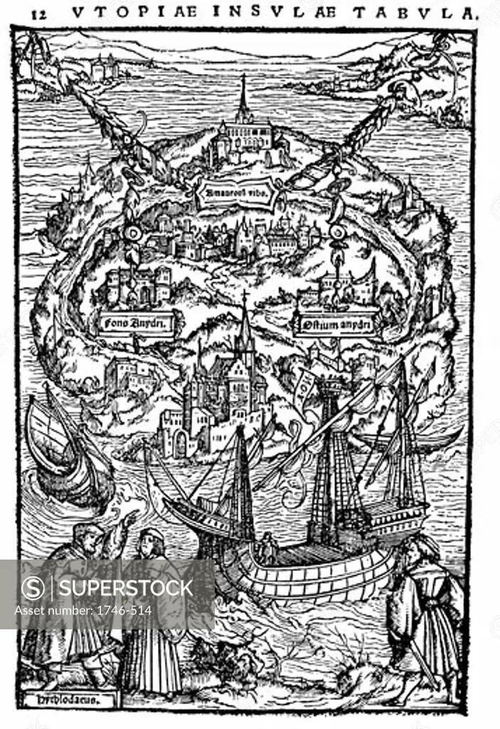 Plan of the island of Utopia. From Thomas Moore's work depicting an ideal state where reason ruled, Utopia 1518 (Ist edition 1516) Woodcut