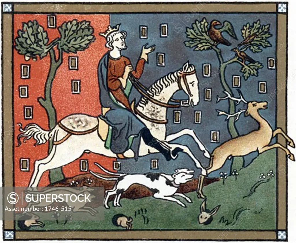 John (1167-1216) Plantagenet king of England from 1199, out hunting, Chromolithograph after a medieval manuscript,