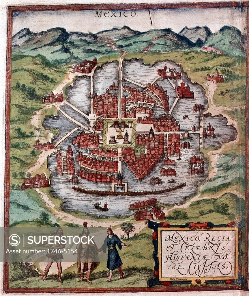 Mexico City in early 16th century. Depiction probably based on sketch in Cortes' (Cortez) book of 1524. British Museum.