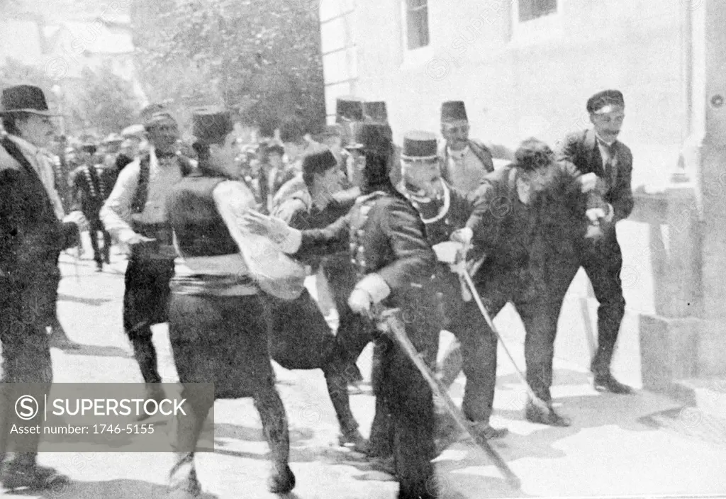 Assassination of Archduke Francis Ferdinand (Franz Ferdinand) 1863-1914, heir to the Austrian throne, at Sarajevo 28 June 1914. The arrest on the scene of Gavrilo Princip (1895-1918) the assassin.