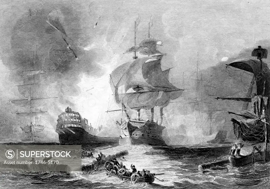 Battle of the Nile, 1 August 1798. English fleet under Nelson destroyed French fleet in Abuokir or Abu Qir Bay. Battle fought at night. French vessel 'L'Orient' exploding at about 10 o'clock. Engraving