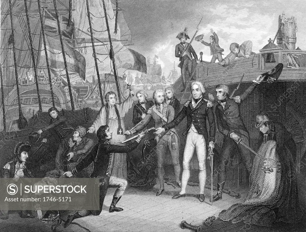 Nelson accepting surrender of Spanish admiral's sword on board the 'San Joseph', Cape St Vincent. Engraving
