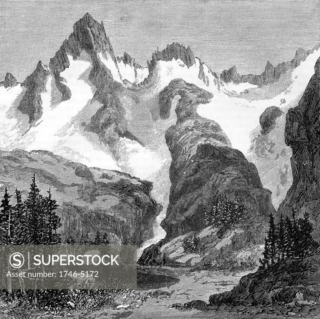 Rush Creek Glacier, on eastern slopes of the Sierra Nevada, California, USA. Wood engraving from an article of 1875 by John Muir (1838-1914) Scottish-born American naturalist and campaigner for National Parks.
