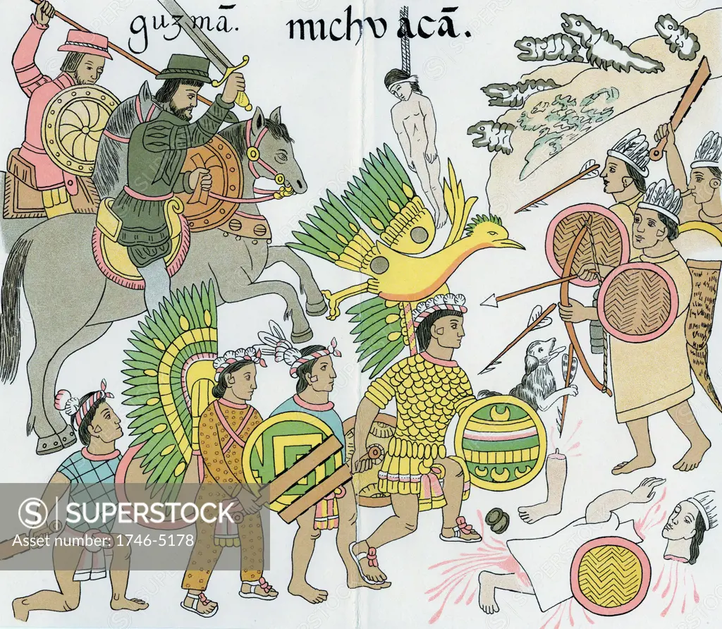 Battle between Nuno de Guzman and his native Tlazcalan allies against inhabitants of Michuacan. Centre: a chief (Xicotencati) carrying Tlzatian badge accompanied by war dogs. Copy of drawings of Lienzo de Tiazcala lost during revolution in 19th century
