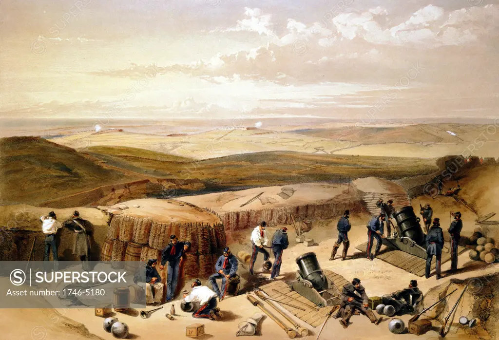 Crimean (Russo-Turkish) War 1853-1856 'The New Works at the Siege of Sebastapol. Mortar battery on right of Jordan's battery'. From William Simpson Illustrations of the War in the East 1855-1856.