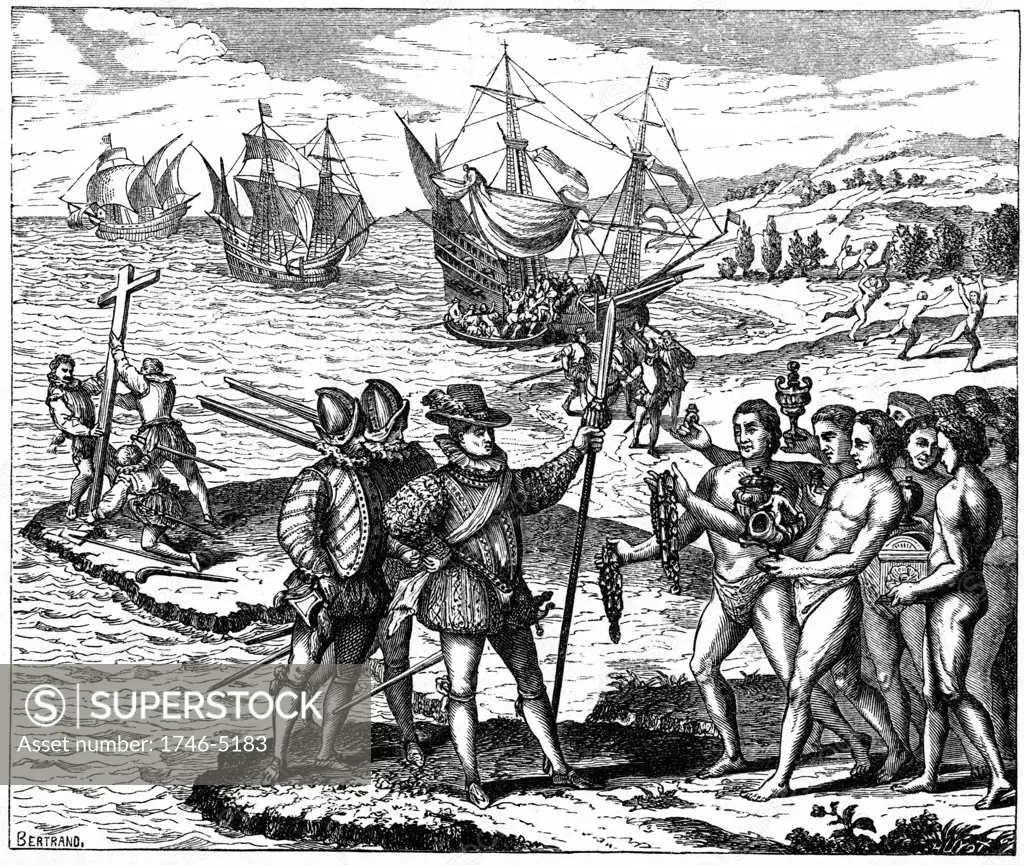 Christopher Columbus (1451-1506) Genoese explorer, discovering America - 12 May 1492. From engraving by Theodore de Bry 1590.