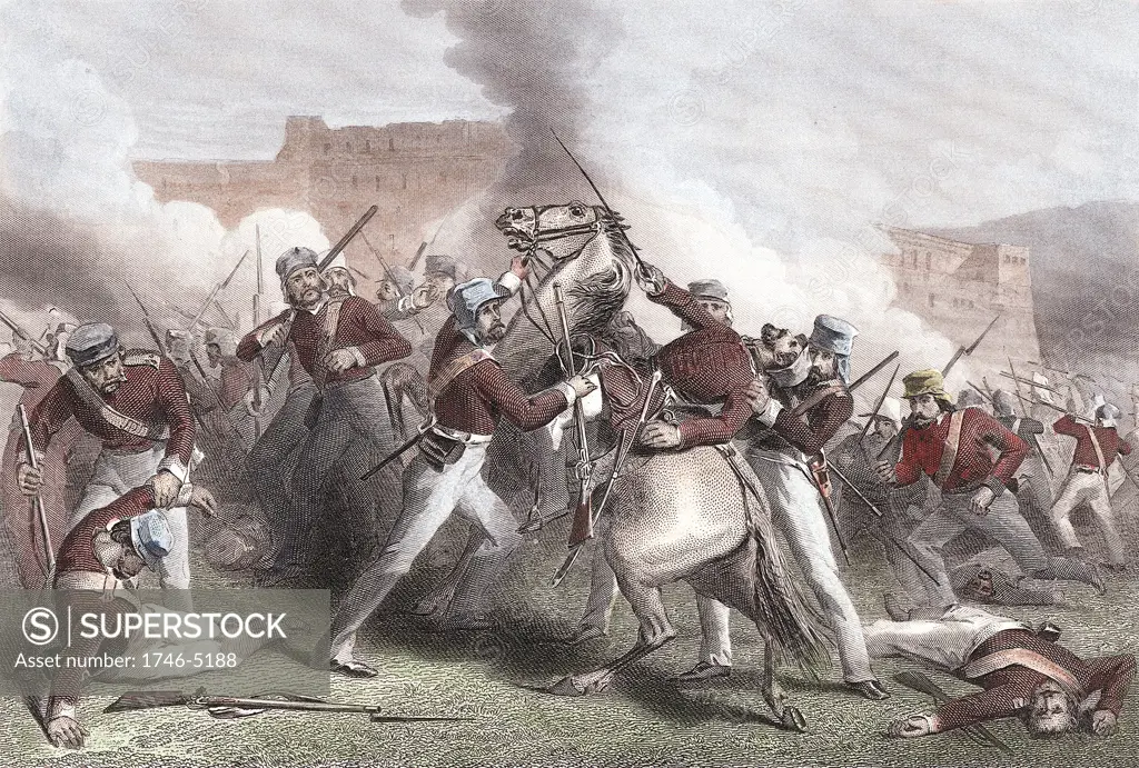 Indian Mutiny 1857-1859, also known as the Sepoy Mutiny or the Great War of Independence: Death of Brigadier Adrian Hope during British attack on Fort Roodamow 15 April 1858. Hand-coloured engraving.
