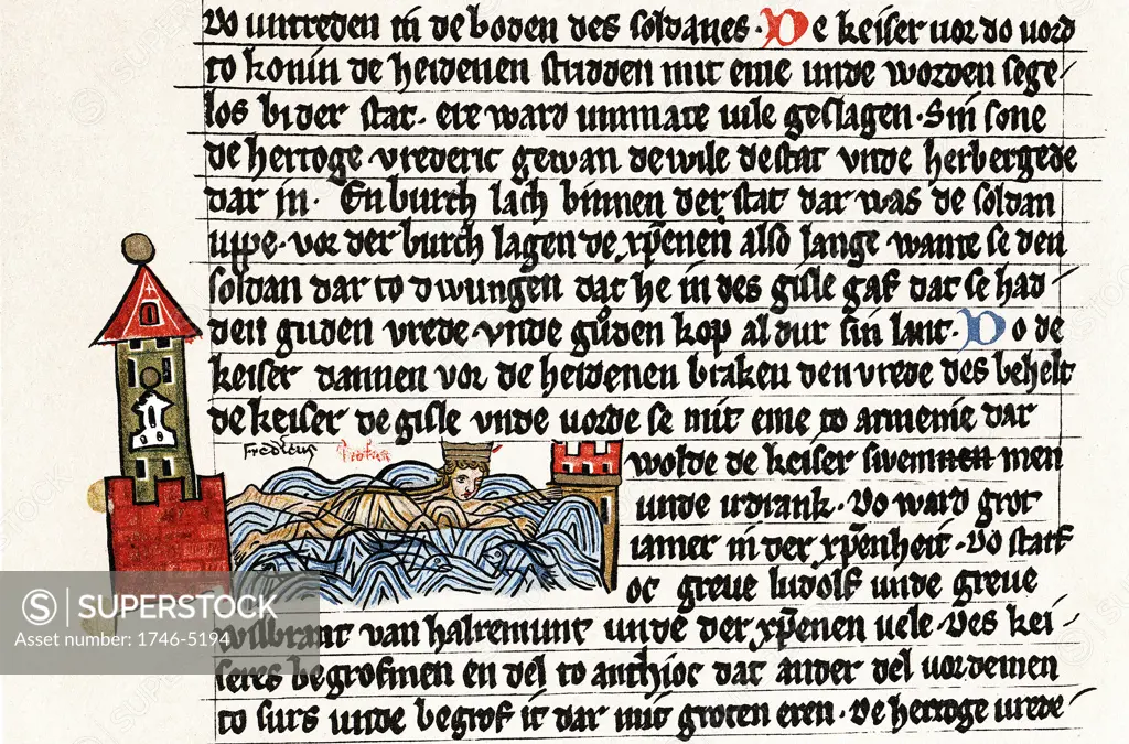 Frederick I (Barbarossa) c1123-1190 Holy Roman emperor from 1152. Death of Barbarossa who drowned trying to cross River Saleph in Cilicia. Gotha manuscript of the Saxon Chronicle, 2nd half of 13th century.