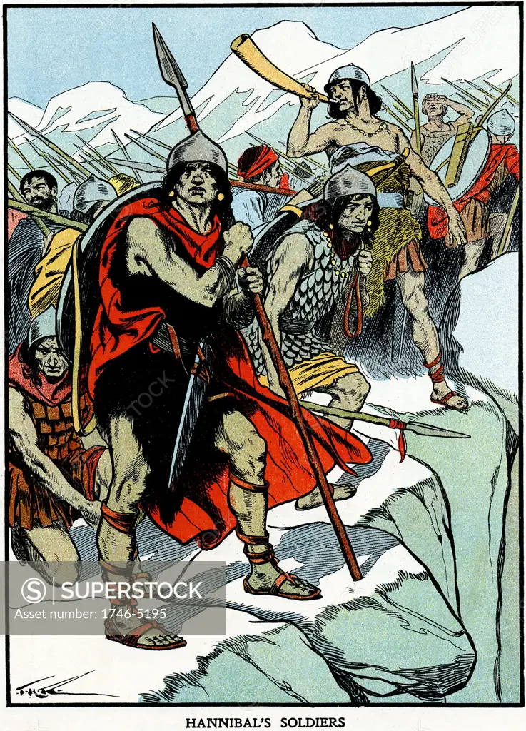 Carthaginian general Hannibal's army crossing the Alps 218 BC to do battle with the Romans. Second Punic War. Early 20th century illustration.