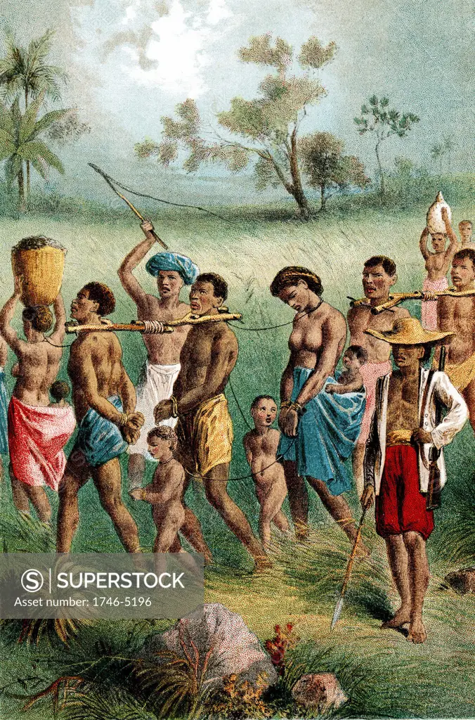 Band of male, female and child captives driven into slavery by Arab slave traders. Men are fastened together with slave forks.  From The Life and Explorations of David Livingstone c1875. Chromolithograph