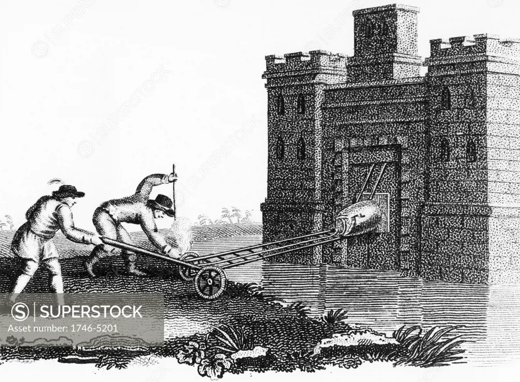 Method of fixing a petard (explosive device) to a fortress gateway when protected by a moat. Stipple engraving c1800.