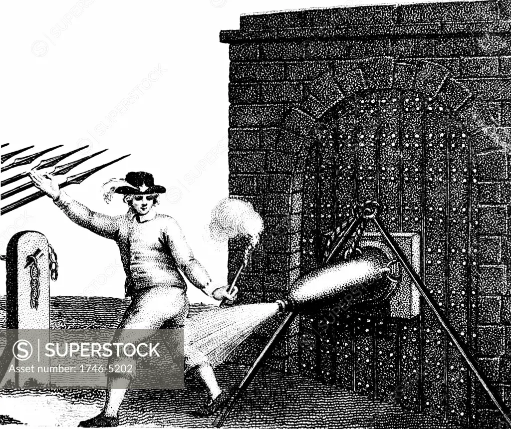Normal method of applying a petard (explosive device) to the gate of a fortress. The fuse has just been lit and the Fusilier is retreating quickly in order not to be 'hoist with his own petard'. Stipple engraving c1800.