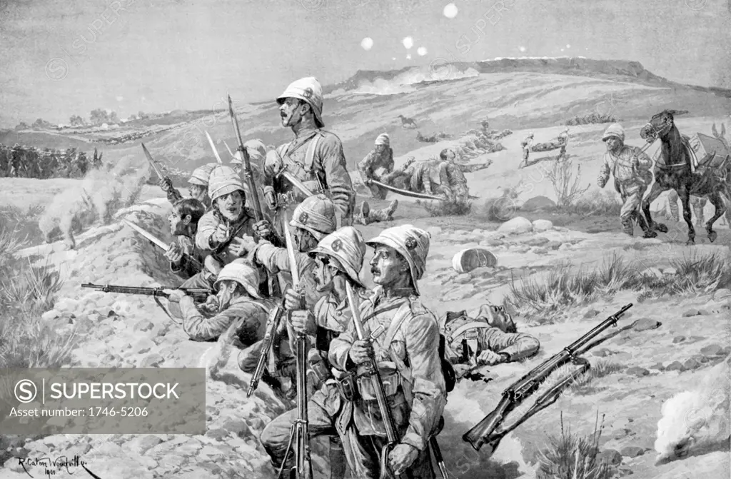 Boer War: Siege of Ladysmith by Boers, 1 November 1899 - 28 February 1900: defending British troops in trenches fixing bayonets in preparation to repel attack.