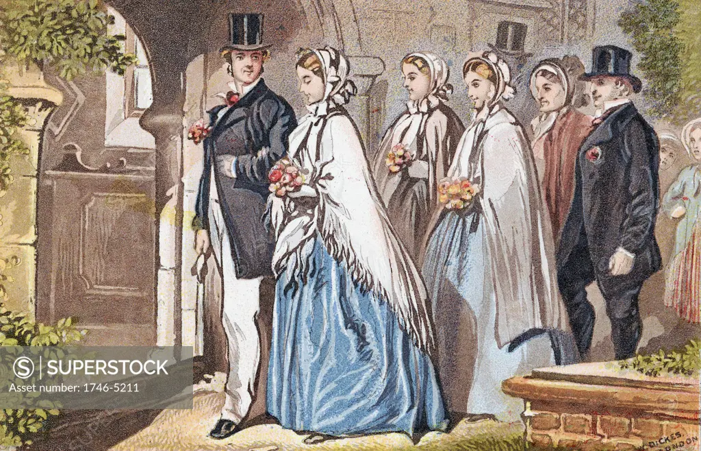 The Wedding Day' a bridal party at the church door. Chromolithograph c1885.