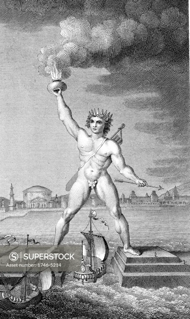 Colossus of Rhodes, lighthouse in the form of a giant marking the entrance of Rhodes harbour by holding a flaming torch in its hand, constructed c292-280 BC. Engraving.