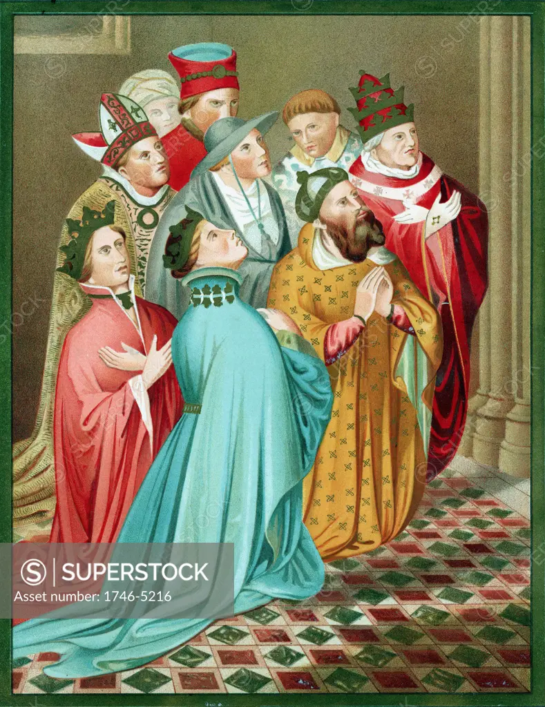 Ferdinand I of Aragon and his Queen, with Sigismund (1368-1437) Holy Roman Emperor from 1433 and Pope Martin V (1368-1431) at time of Council of Constance 1417. Chromolithograph after Carderera 'Iconografia Espanola'