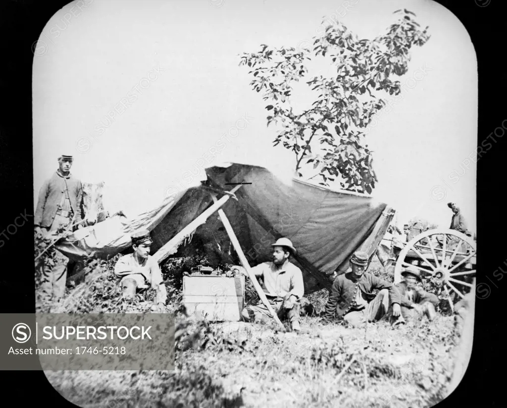 One of General Grant's Unionist (northern) Field Telegraph stations during the American Civil War 1861-1865. Photograph.