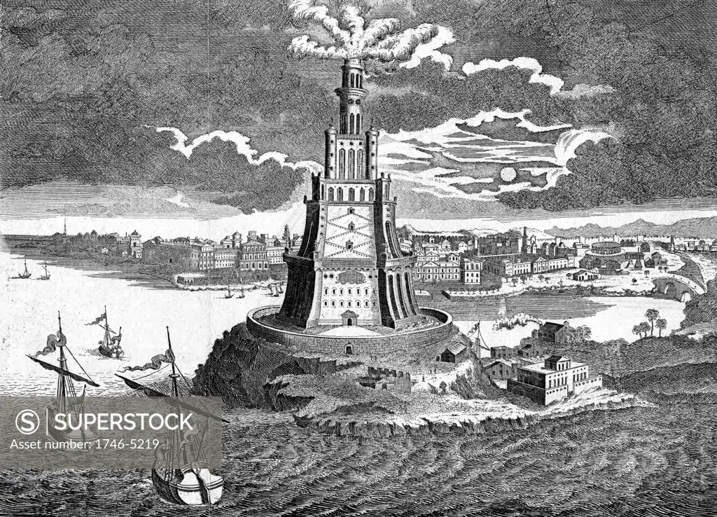 The great Pharos (lighthouse) built in 280 BC on the island of Pharos in the bay of Alexandria, Egypt. 18th century engraving