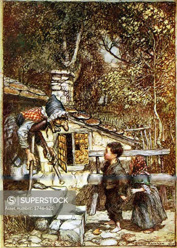 Hansel and Gretel and the Witch on the doorstep of her cottage, showing tiles made of gingerbread. Arthur Rackham illustration for Brothers Grimm fairy story.