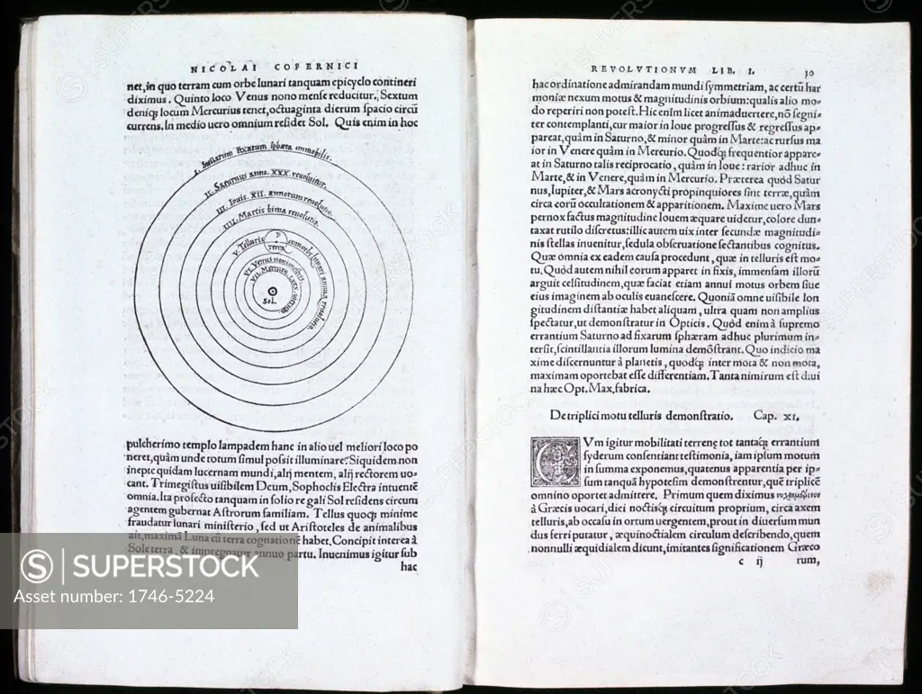Nicolas Copernicus (1473-1543) Polish astronomer.  Spread of his De revolutionibus orbium coelestium Nuremberg 1543, showing diagram of his heliocentric (sun-centred) theory of the universe.
